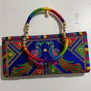 Colorful Embroidered Clutch with Rainbow Handle